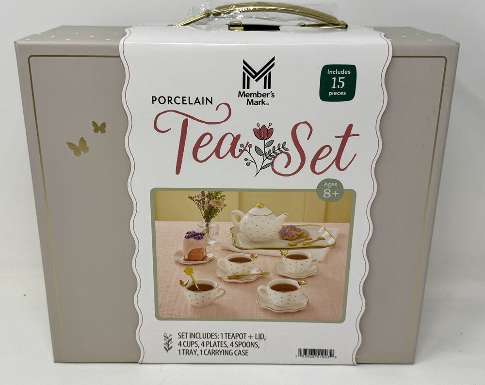 Member’s Mark Porcelain Tea Set 15-Piece Teapot Cups Plates Tray Case